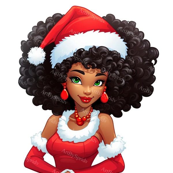 Merry Christmas Afro Queen With Xmas Santa Hat - Transparent PNG Clipart - Printable T-Shirt,Mug,Tumbler DTG Sublimation Clip Art,Commercial