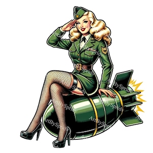 May include: A woman in a green military uniform salutes while sitting on a green bomb with a yellow tail fin.