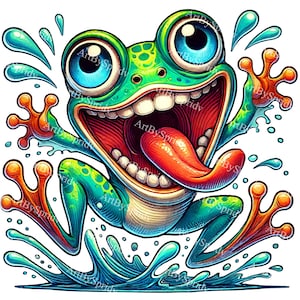 Cartoon Water Splashing Big Eyed Frog Download PNG Clipart, Fun Illustration, Whimsical Clip Art for DIY Craft Project, T-Shirt, Mug,Tumbler