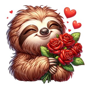 Sloth with Red Roses Clipart - Valentine's Day Digital PNG, Perfect for DTG, T-Shirts, Mugs, Tumblers, Scrapbooking - Romantic Gift Idea