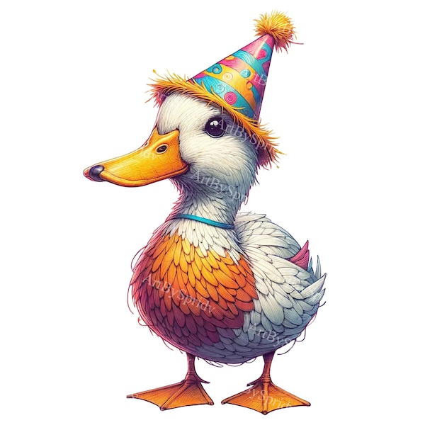 Party Duck Clipart - Celebratory Duck with Party Hat, Cartoon Style Birthday Duck Image for Sublimation & Printables for DIY Craft Projects