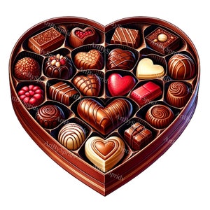 Clipart di scatole di cioccolatini di San Valentino - Assortimento di caramelle a forma di cuore PNG per DTG, magliette, tazze, bicchieri, sublimazione e scrapbooking Clip Art