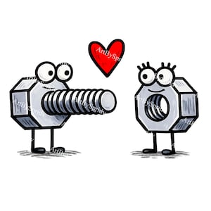 May include: A whimsical cartoon illustration of a bolt and a nut with googly eyes, standing on feet, and a red heart above them. The bolt is extending towards the nut. The text "ArtBySpridy" is on the bolt, nut, and heart.