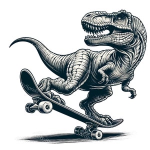T-Rex Dinosaur Skateboard Clipart - Transparent Black & White PNG for Crafting, Printable Sublimation Projects | Unique Sublime Skate Dino
