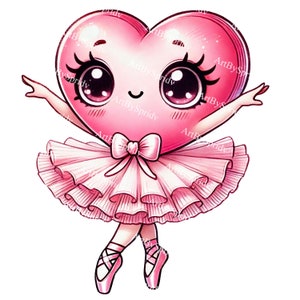 Corazón de bailarina kawaii PNG transparente, lindo corazón de baile de ballet, ilustración de amor de San Valentín dibujada a mano para sublimación y pegatinas