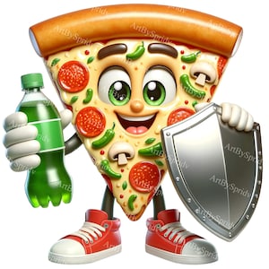 Pizza Slice Character Clipart: Sneaker-Wearing, Soda-Holding, Shield-Bearing PNG for T-Shirt, Mug, Tumbler Sublimation&Scrapbooking Clip Art