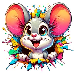 Cartoon muis 3D Wall Break PNG, realistische clipart voor T-shirt, mok, beker, sublimatie, scrapbooking, digitale download Clip Art Design