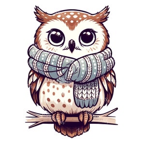 暖かいスカーフのフクロウのクリップアート - 手描きの PNG イラスト、心地よい秋/冬のテーマ、DIY クラフトやデザインにすぐにダウンロード可能、商用利用可
