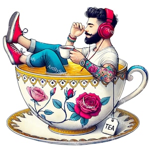Whimsical Clipart of a Man Relaxing in an Oversized Floral Teacup–Transparent PNG for Tea-Themed Clip Art,Digital DIY Craft Designs,T-Shirt