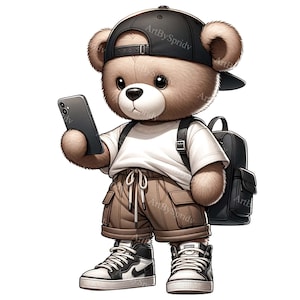Hipster Teddy Bär Clipart | Moderne Outfit Plüschtier Illustration | Trendiger Bär mit Smartphone & Rucksack PNG | Printable Sublimationsdesign