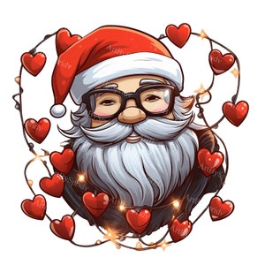 Papai Noel com chapéu, óculos e formato de coração Garland-Transparent PNG Clipart-Printable T-Shirt, Mug, Tumbler DTG Sublimation Clip Art, Comercial