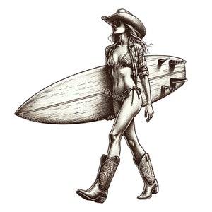 Ilustracja Vintage Surf Girl z deską surfingową | Western Cowgirl Beach Art | Boho Chic Digital Download | Retro Summer Clipart PNG | DIY Craft