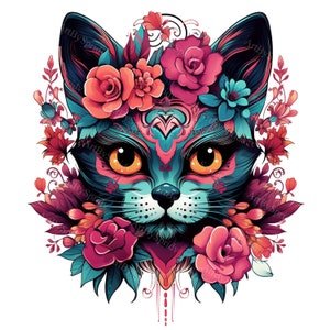 Floral Cat Sugar Skull PNG Clipart, Dia de Los Muertos, Day of the Dead Kitten with Flowers, Cute & Artistic Feline Clip Art for Halloween