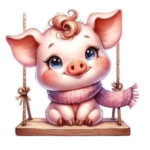 Adorable acuarela Piglet Clipart, lindo cerdo en columpio PNG, bebé animal transparente DIY arte para scrapbooking, decoración de vivero Descarga digital