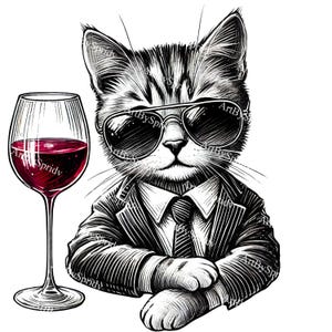 Cool katt i kostym med vinglas PNG, sofistikerad kattclipart, snygg kattkonst digital nedladdning, bosskattillustration, vinälskardesign