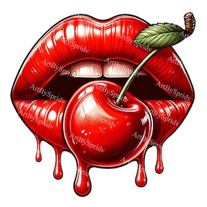 Red Cherry Kiss Clipart | Glossy Lip Art PNG | Printable Sublimation Design for T-Shirts, Mugs, and DIY Crafts | Instant Digital Download