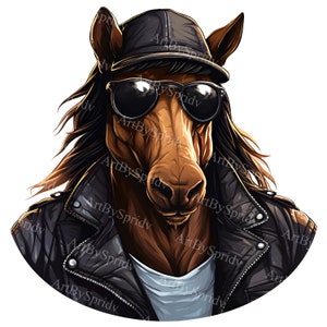 Stylish Hip-Hop Horse with Cool Sunglasses PNG Clipart, Leather Jacket & Hat, Urban Animal Clip Art, Trendy Cowboy Illustration , DIY Craft