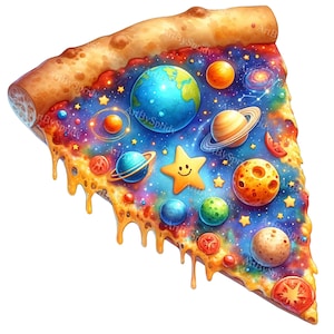 Space-Themed Pizza Clipart - Cartoon Galaxy, Planets & Stars PNG for DTG, T-Shirt, Mug, Tumbler, Sublimation, Scrapbooking-Digital Clip Art