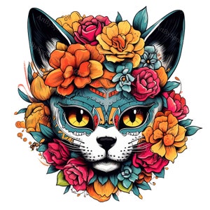 Flower Cat Sugar Skull PNG Clipart-Dia de los Muertos Inspired Digital Download-Hand-Drawn Cat with Flowers-Halloween,Day of the Dead Art