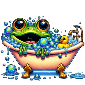 Cartoon Frog with Expressive Eyes In Bubble Bath Clipart - Fun Digital PNG for DTG, T-Shirt, Mug,Tumbler Sublimation & Scrapbooking Clip Art