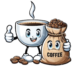 Charming Coffee Cup with Bean Bag Clipart - High-Resolution Transparent PNG for Sublimation, Scrapbooking, Social Media&Cafe Decor,DIY Craft