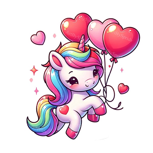 Valentine's Day Unicorn Clipart - Heart Balloons Cartoon PNG, Digital Download for DTG, T-Shirt, Mug, Tumbler, Sublimation & Scrapbooking