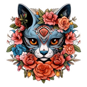 Flower Cat Sugar Skull Clipart PNG, Dia de los Muertos Floral Cat Art, Day of the Dead, Mexican Culture-Inspired Art for Sublimation & Craft