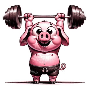 Fitness-Begeisterte Schweinchen Gewichtheber Digitale Clipart, niedliches Rosa Schwein, das Langhantel PNG anhebt, Fitnessstudio Humor druckbare Sublimationsdesign für Heimwerken