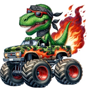 Fantastico dinosauro T-Rex dei cartoni animati con occhiali da sole e bandana in un monster truck - PNG Clipart per DTG, magliette, tazze, bicchieri, scrapbooking a sublimazione