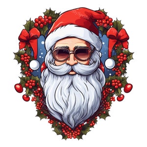Papai Noel com óculos de sol e coroa de árvore de Natal - clipart PNG transparente - camiseta para impressão, caneca, copo DTG Sublimation Clip Art, comercial