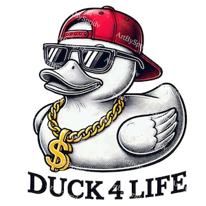 Pato de goma genial PNG Clipart-Estilo hip hop, con gorra roja, gafas de sol y cadena dorada-Descarga digital PNG para camisetas, pegatinas, manualidades