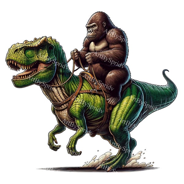 Dinosaur & Ape Rider Illustration PNG | Fantasy Creature Art Clipart | Prehistoric Animal Image | Gorilla on T-Rex Graphic |Digital Download