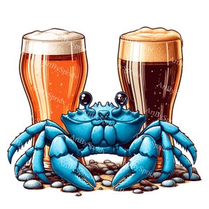 Niebieski krab z kuflami piwa Clipart - Ocean Themed Transparent PNG, cyfrowe pobieranie zaproszeń, dekoracje nadmorskie, projekty przyjęć na plaży, DIY
