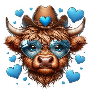Heartfelt Highland Cow Clipart - Cowboy Hat & Glasses, Love Digital Clip Art, PNG for Printable Sublimation DIY Crafts, Instant Download