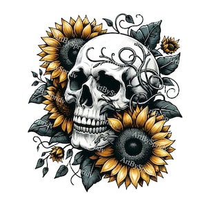 Komplizierter Schädel & Sonnenblumen PNG Clipart, Florales Skelett Digital Download, Gothic Boho Sublimation Design, Halloween Tag der Toten Dekor