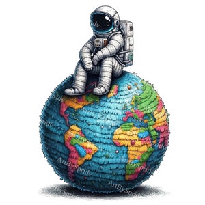 May include: An astronaut wearing a white spacesuit sits on top of a colourful, globe-shaped piñata. The piñata is decorated with a map of the world.