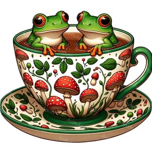Frog in Teacup Clipart - Floral & Mushroom Coffee Cup PNG, Watercolor Style Digital Art for DTG, T-Shirt, Mug, Tumbler,Scrapbooking Clip Art