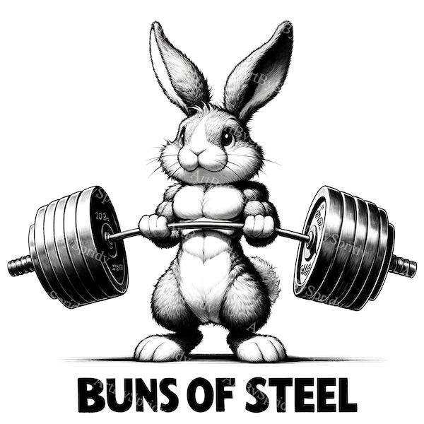 Muscular Cartoon Bunny Weightlifting Digital Clipart, Fitness Printable Sublimation, Transparent PNG, Gym Themed Graphics for DIY Crafting