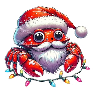 Clipart z krabem świątecznym z czapką Mikołaja i świątecznymi światłami - Snowy Holiday Digital PNG, ilustracja zimowa z czerwonym krabem do rękodzieła i kartek