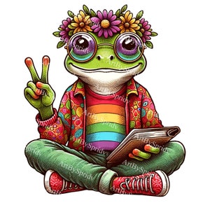 Hippie Frog PNG Clipart-Retro Boho Frog with Flower Crown,Peace Sign,Rainbow Shirt-Perfect for Sublimation, Scrapbooking, DIY Craft Projects