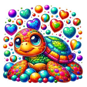 Cartoon Meeresschildkröte Clipart - Mosaik Bubbles Herz Szene, Digitale PNG für DTG,T-Shirt, Becher,Tumbler,Sublimation,Scrapbooking Download Clip Art