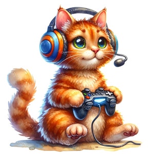Gamer Ginger Cat Clipart - PNG for DTG T-Shirt, Mug, Tumbler Sublimation & Scrapbooking-Cat with Headset and Game Controller Clip Art Design