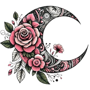 Hand-Drawn Crescent Moon with Floral Elements Transparent PNG, Bohemian Style, Botanical Clipart, Mystical Moon & Flowers, Digital Download