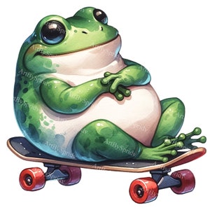 Adorable Cartoon Frog Clipart on Skateboard - Minimalist Style PNG for DTG,T-Shirt,Mug,Tumbler,Scrapbooking - Cute Digital Download Clip Art