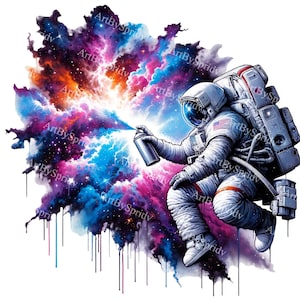 Astronauta pintando nebulosa cósmica - arte de lata de aerosol, impresión digital espacial, arte de pared de ciencia ficción, descarga de decoración del universo, coloridas obras de arte de astronauta