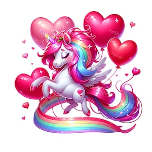 Valentijnsdag eenhoorn clipart-hart ballonnen cartoon png, digitale download voor DTG, T-shirt, mok, beker, sublimatie en scrapbooking
