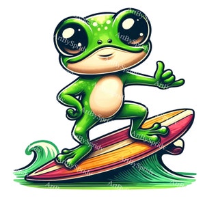Adorable Frog Surfing PNG Clipart,Digital Download Summer Beach Party Clip Art,Cute Cartoon Illustration,Kids Room Decor,T-Shirt Sublimate