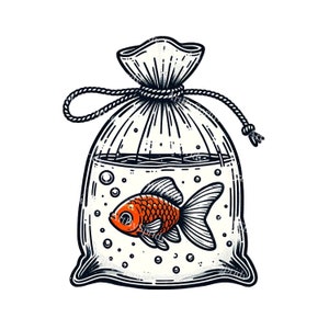 水を入れた袋に入った手描きのオレンジ色の魚のPNGクリップアート、ユニークなデジタルダウンロード、DIYクラフト、招待状、スクラップブック、家の装飾に最適