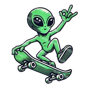 Green Alien Riding Skateboard PNG Clipart,Digital Download Skateboarder Clip Art,Cosmic Skater Outer Space Illustration,Skateboarding Design