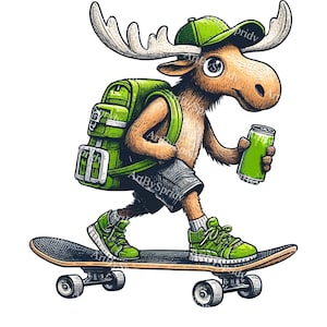 Moose Skateboarding Digital Clipart,Cool Animal Art for Kids,Hipster Moose with Backpack&Drink,Trendy Cartoon Illustration for DIY Projects